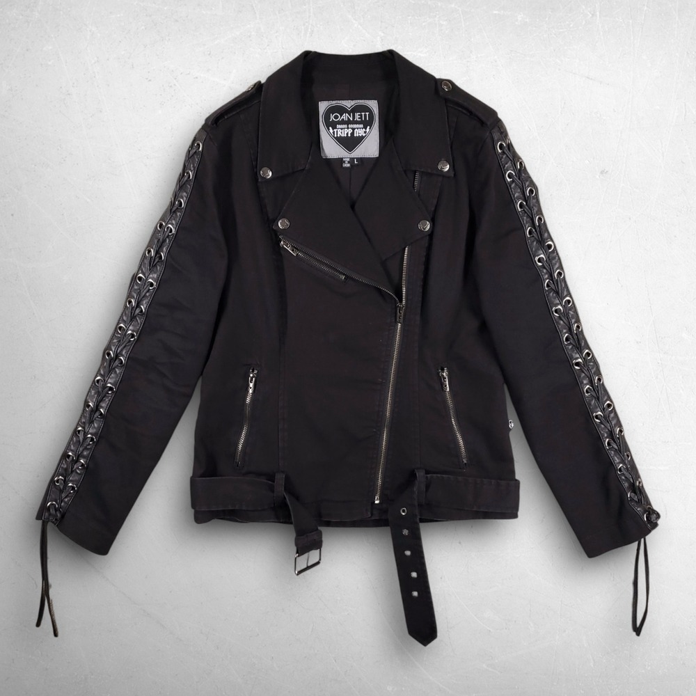 Tripp NYC Joan Jett Twill Belted Moto Jacket Women L Black Punk Goth Biker Rock